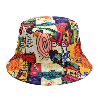 Bucket Hat for Women Men, Cotton Reversible Double Side Wear Sun Hats Beach Fisherman Hat - color: Colorful Graffiti