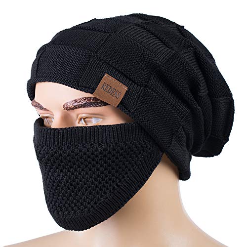 REDESS Beanie Hat for Men and Women Winter Warm Hats Knit Slouchy Thick Skull Cap with Face Cover - color: D4 Pure Black