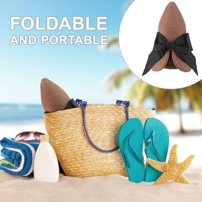 DRESHOW Sun Hats for Women Travel Fedora Foldable Beach Sun Hat Summer Wide Brim Straw Bucket Hat with Bowknot UPF 50+ - color: 1 Pack Bowknot Straw Hat: Brown