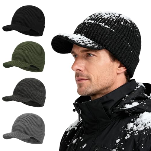 BEARAE XL-XXL Winter Beanie with Brim, Fleece Lined Knit Beanie Hat for Men, Waterproof Winter Hat Ski Cap for Cold Weather - color: Black