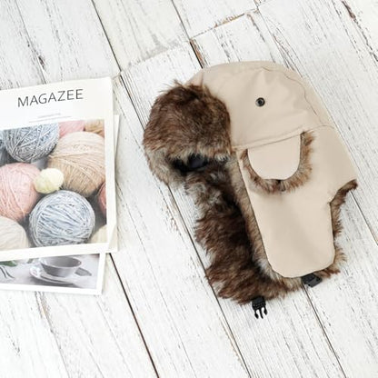 ONWAY Trapper Hat Winter Hats for Women Men with Faux Fur Ear Flaps - color: Beige