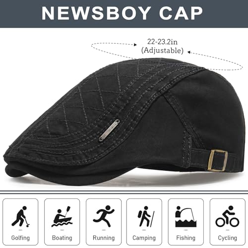Initlove Mens Newsboy Cap Cotton Ivy Hat Beret Hats for Driving - color: A Black