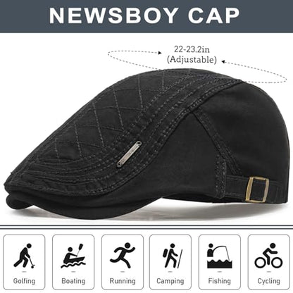 Initlove Mens Newsboy Cap Cotton Ivy Hat Beret Hats for Driving - color: A Black