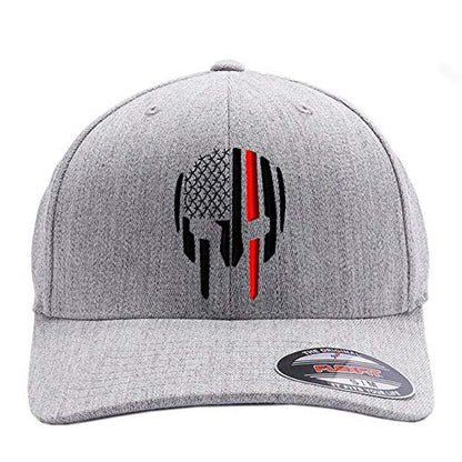 G&B Red Thin Red/Blue Line Spartan Helmet & Distressed Skull Flex Baseball Cap. Embroidered. 6277/6477 Flex Baseball Hat - color: Heather Grey, size: Small-Medium