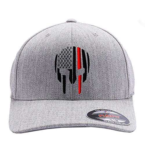 G&B Red Thin Red/Blue Line Spartan Helmet & Distressed Skull Flex Baseball Cap. Embroidered. 6277/6477 Flex Baseball Hat - color: Heather Grey, size: Small-Medium
