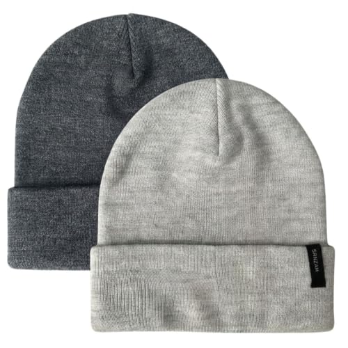 2 Pack Beanie for Men Women Warm Knit Winter Hat Soft Cuffed Cap - color: Dark Grey + Light Grey