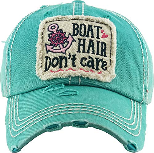 Funky Junque Distressed Baseball Cap, Vintage Embroidered Dad Hat - color: Boat Hair Don't Care - Teal