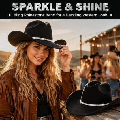 Dicunoy 2 PCS Black Cowboy Hats, Western Cowgirl Hat Glitter for Women Men