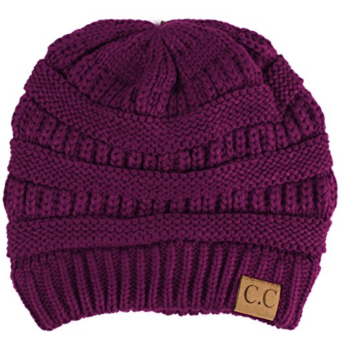 CC Classic Winter Fall Trendy Chunky Stretchy Cable Knit Beanie Hat - color: Solid Dk. Purple