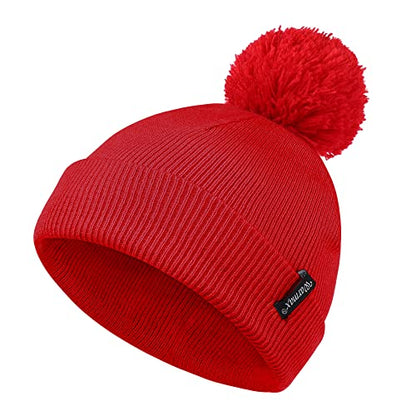 Zando Toddler Winter Hat & Pom Pom Beanie, Double Layer Knit Cap for Boys & Girls - color: Red, size: 3-8 Years