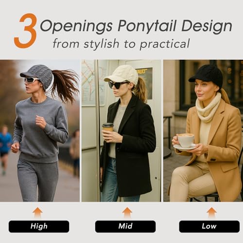 ChicPony™ Merino Wool Visor Ponytail Beanie with Brim Fleece Lined 3 Bun Openings Hole Warm Windproof Knit Cap Winter Hat - color: Midnight Blue(pony)