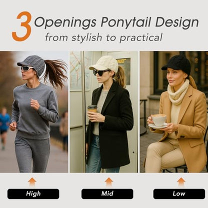 ChicPony™ Merino Wool Visor Ponytail Beanie with Brim Fleece Lined 3 Bun Openings Hole Warm Windproof Knit Cap Winter Hat - color: Midnight Blue(pony)