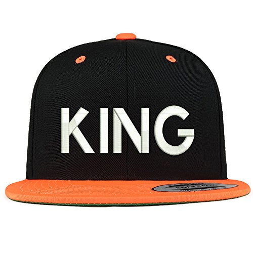 Trendy Apparel Shop King Embroidered Premium 2-Tone Flat Bill Snapback Cap - color: Black Orange