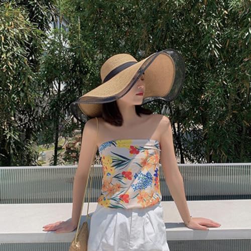 Womens Mens Wide Brim Straw Panama Hat Beach Sun Hat Summer Wide Brim Straw Roll up Hat Fisherman's UPF 50 - color: +Khaki