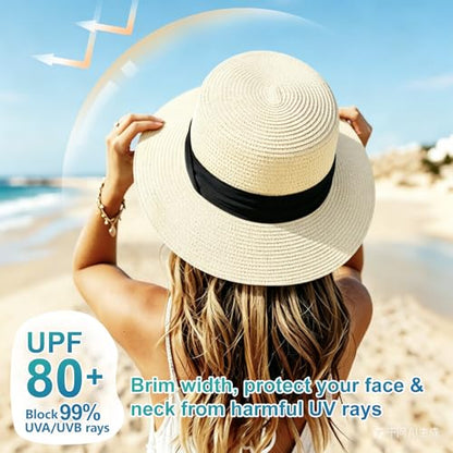 DRESHOW Women Straw Panama Hat Travel Fedora Beach Sun Hat Summer Wide Brim Straw Roll up Hats UPF 50+ - color: Fedora Ivory M