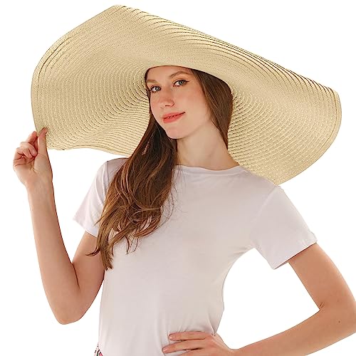 Oversized Beach Straw Sun Hats for Women Large Wide Brim Sun Visor Hat Summer Floppy Foldable Roll Up UV Protection Beach Cap - color: Beige