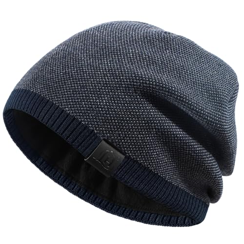 Fleece Lined Mens Beanie Scarf Set Thick Knit Winter Hat Neck Warmer Unisex - color: Navy Blue