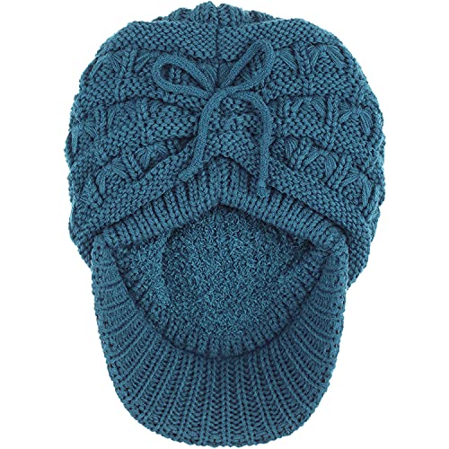BYOS Womens Winter Chic Cable Warm Fleece Lined Crochet Knit Hat W/Visor Newsboy Cabbie Cap - color: Basket Woven-teal Blue