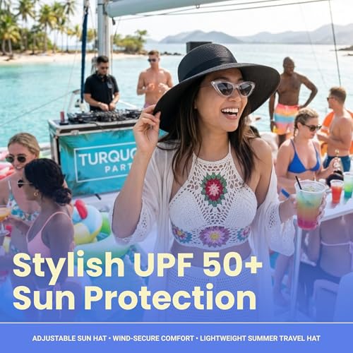 Funky Junque Wide Brim Panama Sun Hat, Womens Packable Straw - color: Ribbon Bow Trim - Black
