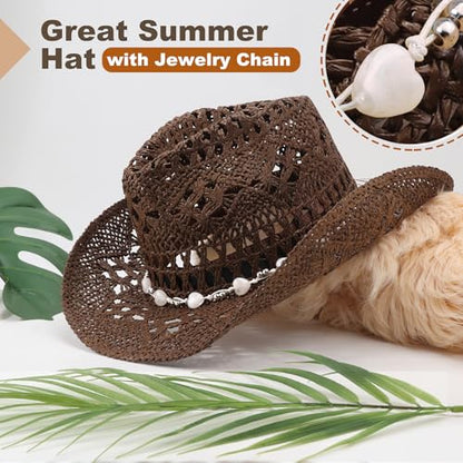 AQOKKA Straw Cowboy Hats for Women Men Western Cowgirl Hats with Shapeable Brim Woven Hollow Out Unisex Beach Roll Up Caps - color: Cowboy Hat : Coffee