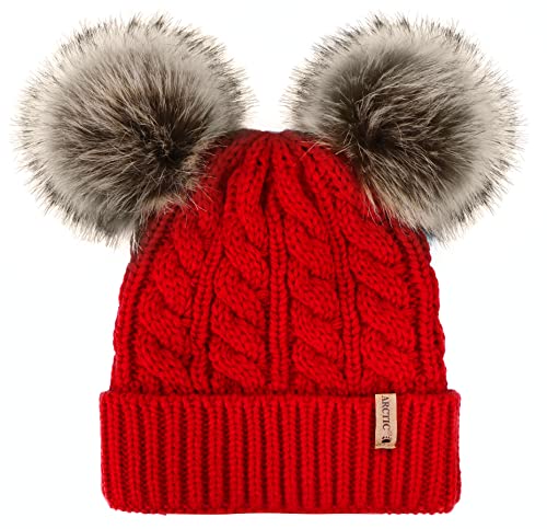 Arctic Paw Pom Pom Beanie Cable Knit Fleece Lined Winter Beanie Women Hat - color: Red_twist