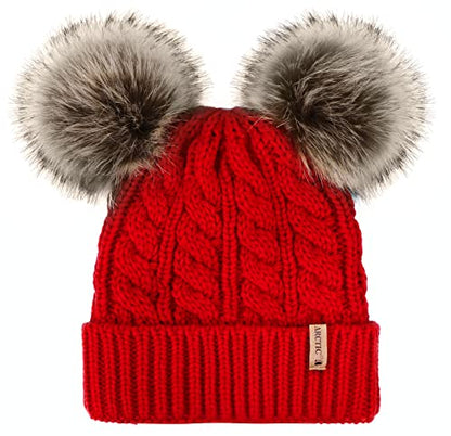Arctic Paw Pom Pom Beanie Cable Knit Fleece Lined Winter Beanie Women Hat - color: Red_twist