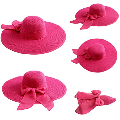 Lanzom Womens 5.7 Inches Big Bowknot Straw Hat Large Floppy Foldable Roll up Beach Cap Sun Hat UPF 50+ - color: Rose