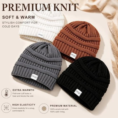 FEQO 4 Pack Satin Lined Beanies Slouchy Beanie Oversized Cable Knit Caps - color: Black, White, Dark Gray, Khaki