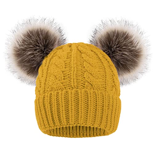 Arctic Paw Pom Pom Beanie Cable Knit Fleece Lined Winter Beanie Women Hat - color: Yellow_twist