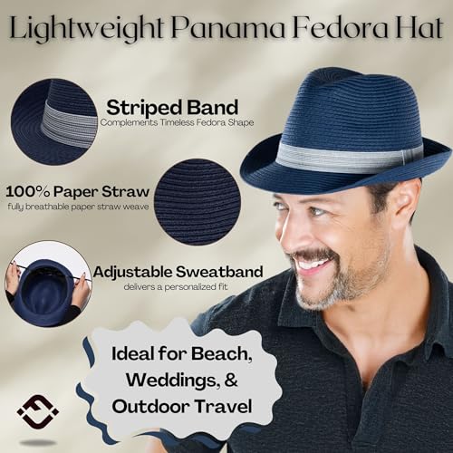 Funky Junque Packable Straw Fedora, Mens Panama Trilby Hat - color: Navy Blue, size: Small-Medium