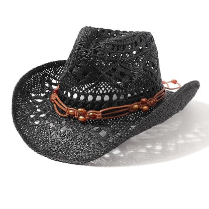 AQOKKA Straw Cowboy Hats for Women Men Western Cowgirl Hats with Shapeable Brim Woven Hollow Out Unisex Beach Roll Up Caps - color: Brown Beads Cowboy Hat : Black