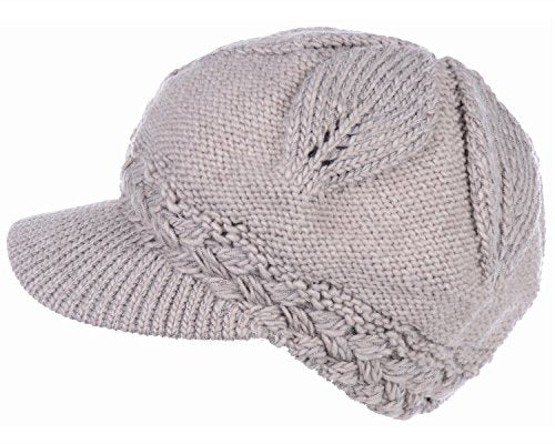 BYOS Womens Winter Chic Cable Warm Fleece Lined Crochet Knit Hat W/Visor Newsboy Cabbie Cap - color: Braided Front Beige