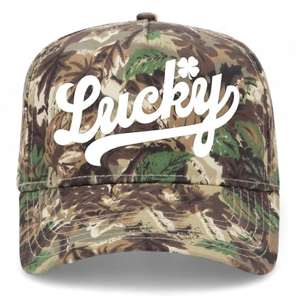 Lucky Cursive Hat | Premium Adjustable Snapback Baseball Trucker Hats for Men & Women - color: Camo