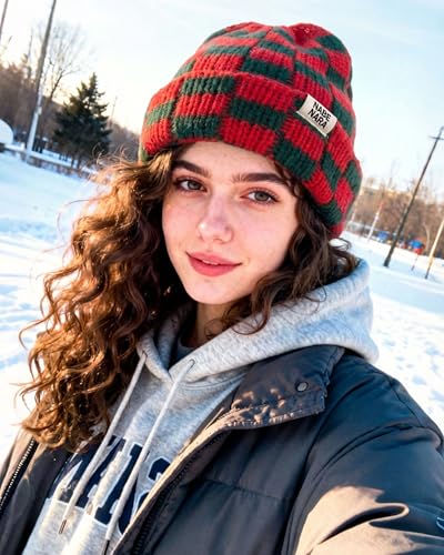 CLAPE Womens Cute Slouchy Beanies Hats, Winter Warm Chunky Checkered Beanie Large Cuff Knitted Hat Ski Cap for Cold Weather - color: Kh56-christmas Red