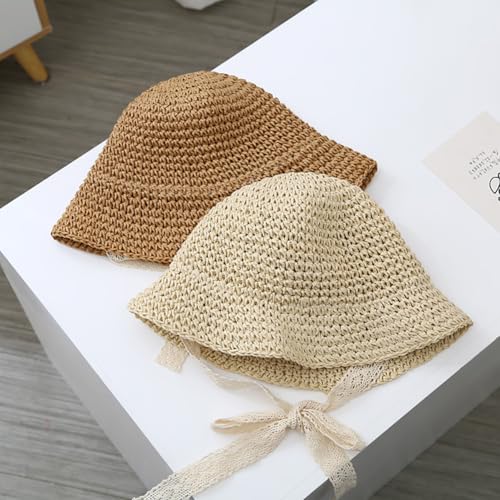 리본이 달린 유아용 밀짚 모자, UPF 50+ 접이식 해변 햇빛 차단 캡 아기용 - color: 심플 카키, size: 1-2T
