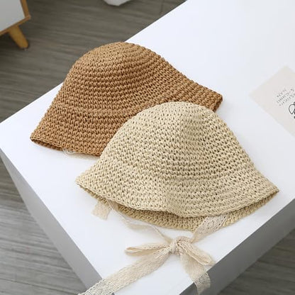 리본이 달린 유아용 밀짚 모자, UPF 50+ 접이식 해변 햇빛 차단 캡 아기용 - color: 심플 카키, size: 1-2T