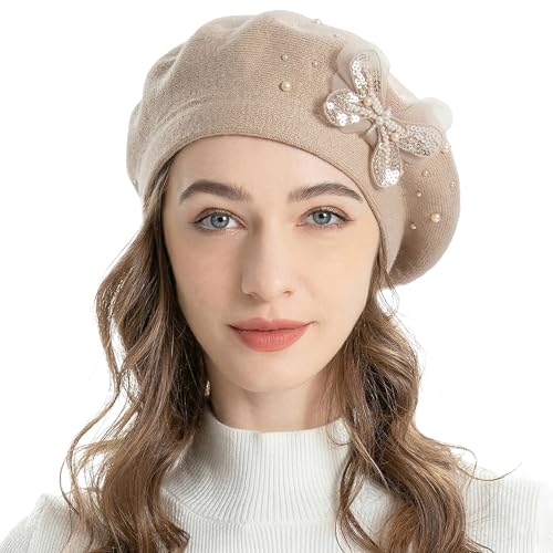 ZLYC Women French Beret Hat Reversible Solid Color Mosaic Warm Artist Cap - color: Butterfly Beige