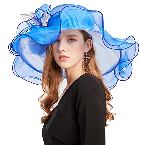 ORIDOOR Women Organza Fascinator Church Derby Hat Floral Tea Party Wedding Hat - color: 013f Blue