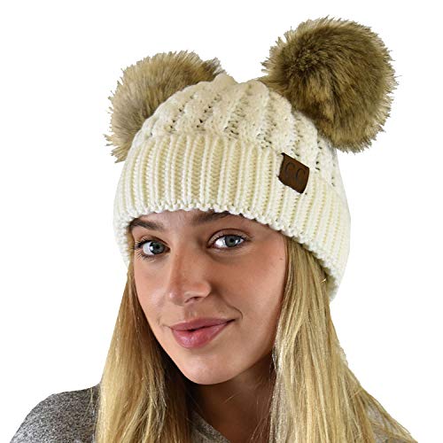 C.C 2 Ear Pom Pom Cable Knit Soft Stretch Cuff Skully Beanie Hat - color: Faux Fur Ivory