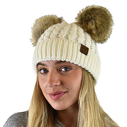 C.C 2 Ear Pom Pom Cable Knit Soft Stretch Cuff Skully Beanie Hat - color: Faux Fur Ivory