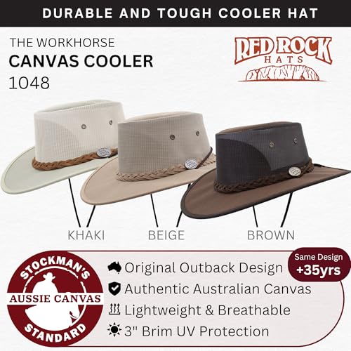 1048 Canvas Cooler - Australian Drover Sun Hat - Durable Canvas, Airflow Mesh, Lightweight, Wide Brim - color: Khaki, size: Large