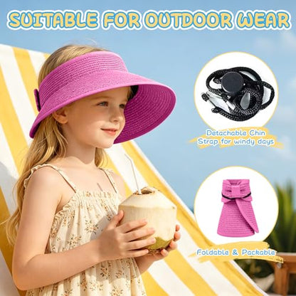 Girls Sun Visor Hat with Ponytail Hole Wide Brim Beach Straw Visor UPF 50+ - color: 1pack-rose