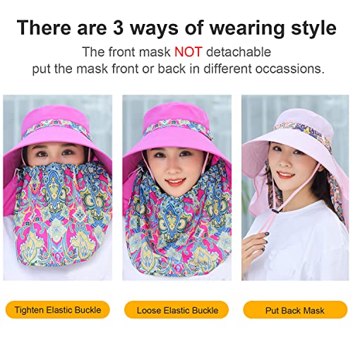 Women Wide Brim Face Mask Sun Hat Detachable Neck Face Flap Ponytail UV Protection Visor Hat Garden Fishing Hiking - color: M9099-hot-pink