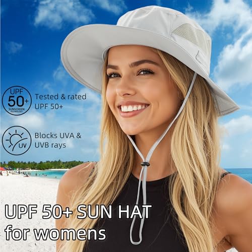Connectyle Women's UPF 50+ Sun Hat UV Protection Wide Brim Bucket Hat Summer Beach Hats Fishing Hiking Outdoor Safari Hats - color: Light Grey