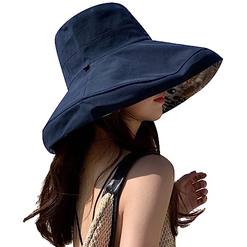 HUAMULAN Women Summer Vacation Wide Brim Sun Hat Reversible Fishing Hats - color: Navy