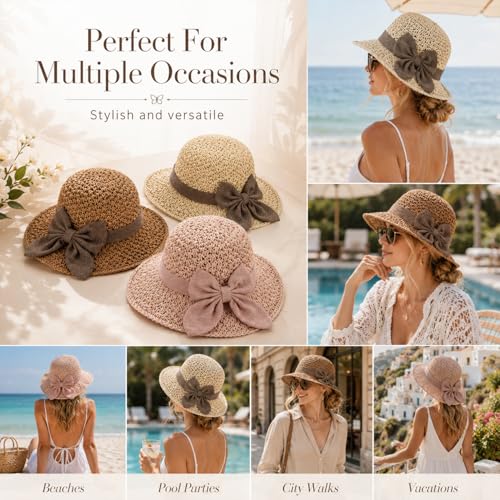 Elegant Woven Straw Sun Hat with Bow,Summer Beach Sun Straw Hats for Women,Wide Brim Packable Travel Bucket Hats,Summer Hats - color: Pink