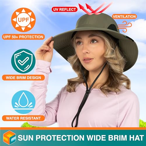 SUN CUBE Wide Brim Sun Hat for Men & Women, UPF 50+ UV Protection, Mesh Boonie Hat with Chin Strap, Fishing Hiking Hat - color: Olive