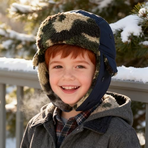 Kids Winter Trapper Hat Toddler Outdoor Warm Windproof Ushanka Aviator Hat Sherpa Fleece Lined Ski Cap for Boys Girls 1T-8T - color: Navy Blue & Camouflage, size: 1-4T
