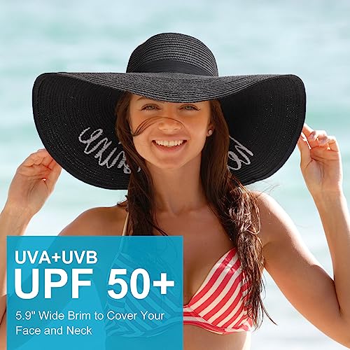 DRESHOW Big Straw Sun Hats for Women Floppy Foldable Roll up Beach Cap Sun Hat UPF 50+ Vacation Honeymoon Embroidered Hat - color: Ae Hello Sunshine A: Black