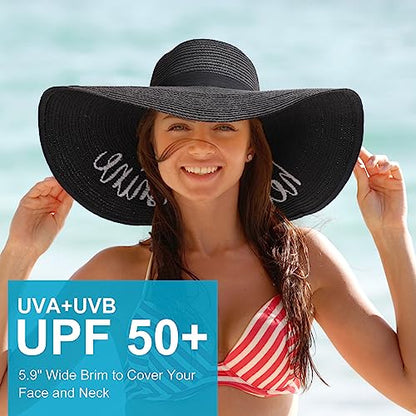 DRESHOW Big Straw Sun Hats for Women Floppy Foldable Roll up Beach Cap Sun Hat UPF 50+ Vacation Honeymoon Embroidered Hat - color: Ae Hello Sunshine A: Black